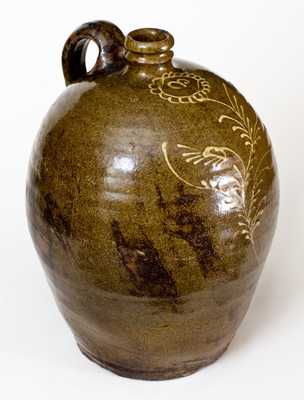 Very Fine 3 Gal. Edgefield, SC Stoneware Jug w/ Slip Decoration, att. Collin Rhodes, Shaw s Creek
