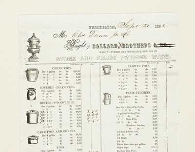 Framed Ballard & Brothers, Burlington, VT Stoneware Price List, Dated Sept. 20, 1853