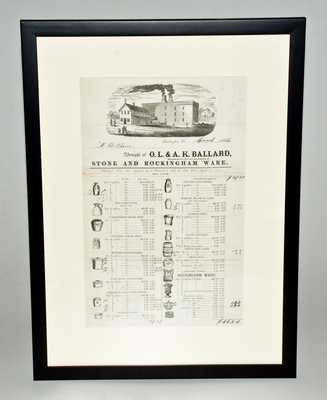 Framed O.L. & A.K. Ballard, Burlington, VT Stoneware Price List, Dated March 1866