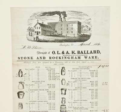 Framed O.L. & A.K. Ballard, Burlington, VT Stoneware Price List, Dated March 1866