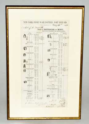 Framed Satterlee & Mory, New-York Stone Ware Pottery, Fort Edward, NY Stoneware Price List, 1875