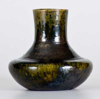 George Ohr Pottery Squat Vase with Metallic Green Glaze