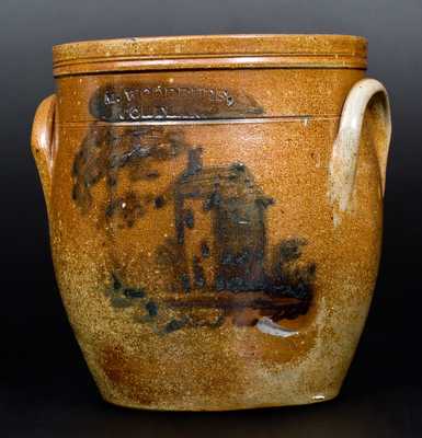 Very Rare M. WOODRUFF / CORTLAND Stoneware Jar with House and Tree Decoration