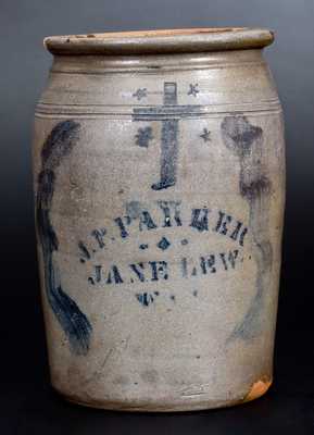 Fine J. P. PARKER / JANE LEW, W. VA. Stoneware Jar with Stenciled Cross