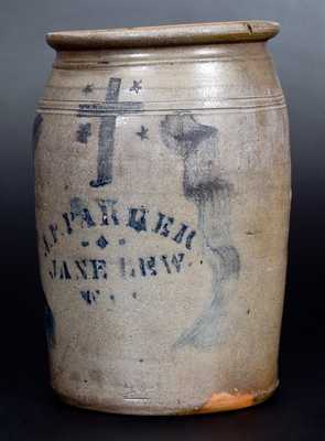 Fine J. P. PARKER / JANE LEW, W. VA. Stoneware Jar with Stenciled Cross