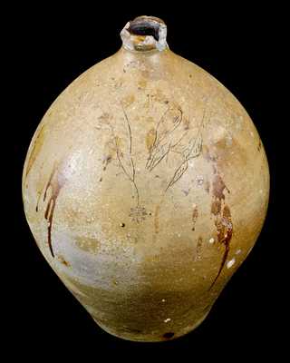 Very Unusual T. DURELL (Trumbull County, OH) Stoneware Jug w/ Incised Owl Decoration