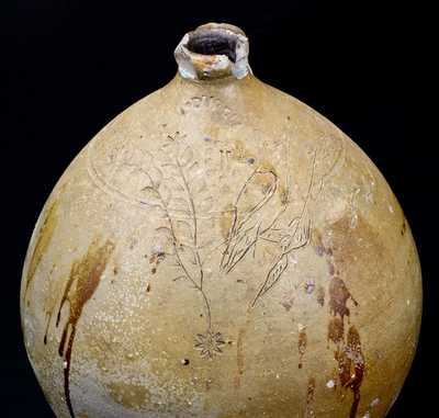 Very Unusual T. DURELL (Trumbull County, OH) Stoneware Jug w/ Incised Owl Decoration