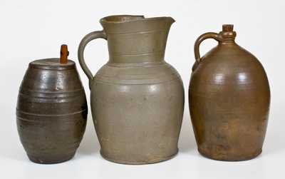 Lot of Three: Stoneware incl. Jug Marked GRUBES  WHISKY, Keg, and 2 Gal. Pitcher