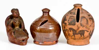 Lot of Three: Redware Articles incl. Decoupage Bank and Glazed Bank