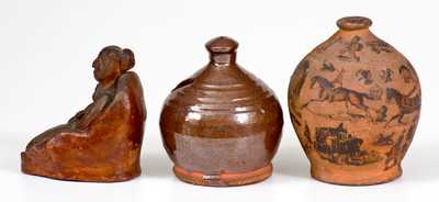 Lot of Three: Redware Articles incl. Decoupage Bank and Glazed Bank