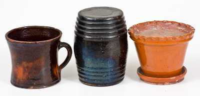 Lot of Three: Redware Rundlet, Flowerpot, and Mug