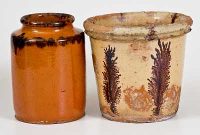 Lot of Two: Redware Flowerpot with Seaweed Decoration and Redware Jar with Sponged Manganese