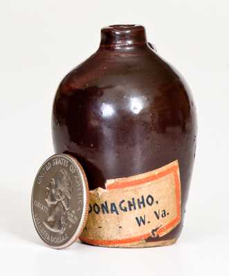 Unusual Miniature Stoneware Jug w/ Paper Label for WALTER DONAGHHO / PARKERSBURG, W.VA