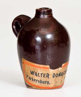 Unusual Miniature Stoneware Jug w/ Paper Label for WALTER DONAGHHO / PARKERSBURG, W.VA