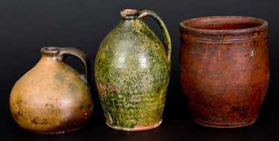 Lot of Three: Green-Glazed New England Redware Jug with Redware Jar and Stoneware Jug