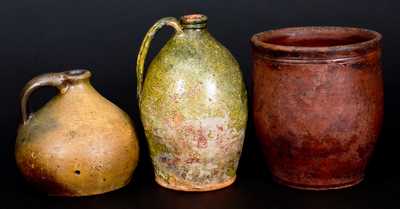 Lot of Three: Green-Glazed New England Redware Jug with Redware Jar and Stoneware Jug