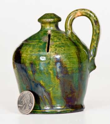 Fine Green Redware Jug Bank with Manganese Glaze