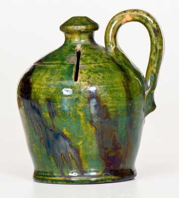 Fine Green Redware Jug Bank with Manganese Glaze