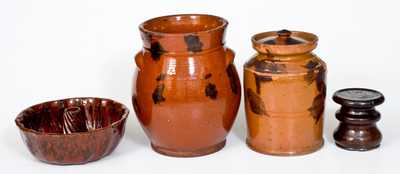 Lot of Four: Glazed Redware incl. Two Jars, Cake Mould, and Stove Lift