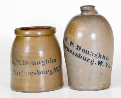 Lot of Two: A. P. DONAGHHO / PARKERSBURG, W. VA Squat Stoneware Jar and Jug