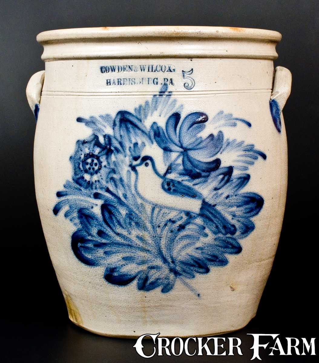 Cowden & Wilcox stoneware crock w/ elaborate bird scene.