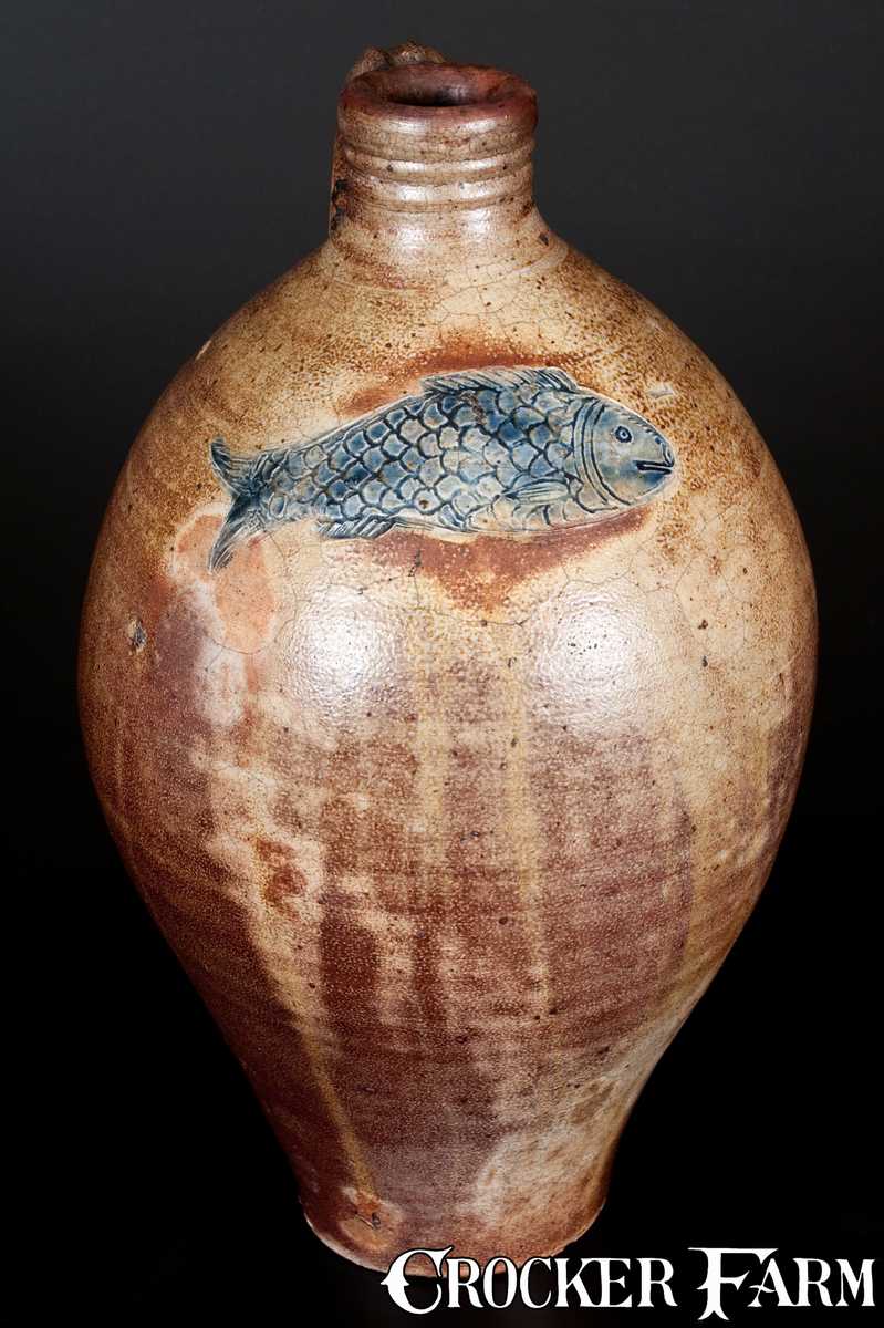 Excellent Boston Stoneware Jug W Impressed Fish Decoration Early