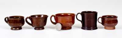 Five Miniature Glazed Redware Drinking Vessels NY or CT origin