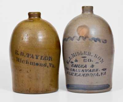 Two Virginia Stoneware Advertising Jugs, Western PA and WV origin, c1875-80