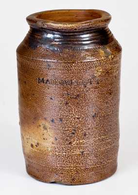 Rare 1/2 Gal. Stoneware Jar MADE BY J. LETTS, Joshua Letts, South Amboy, NJ