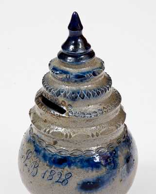 Rare Baltimore Stoneware Bank with Stepped Finial Inscribed, 