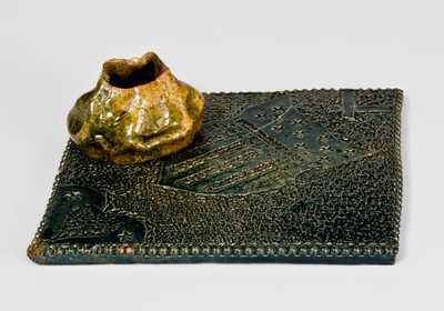 Rare and Fine George Ohr Pottery Inkwell with Federal Shield and Heart Motifs