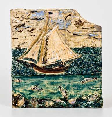 George Ohr Pottery Polychrome-Glazed Maritime Plaque, Inscribed OHR, Biloxi, MS origin, circa 1895-1905
