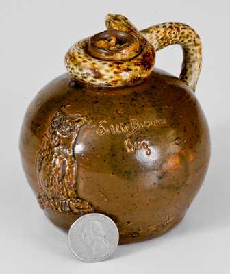 Exceedingly Rare Texarkana Pottery Snake Jug w/ Applied Owl Motif
