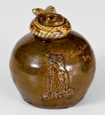 Exceedingly Rare Texarkana Pottery Snake Jug w/ Applied Owl Motif