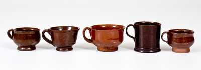 Five Miniature Glazed Redware Drinking Vessels NY or CT origin