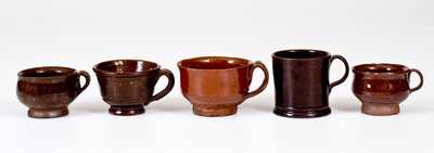 Five Miniature Glazed Redware Drinking Vessels NY or CT origin
