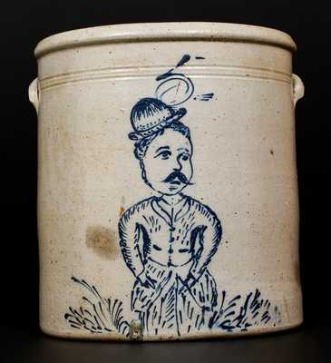 Exceptional Five-Gallon Stoneware Crock w/ Fine Decoration of a Hatted Man, Ohio, c1880
