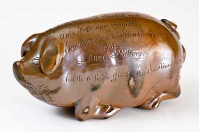 Rare Anna Pottery Stoneware Pig Flask with Incised Poem, 1880