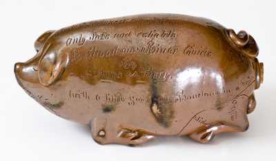 Rare Anna Pottery Stoneware Pig Flask with Incised Poem, 1880
