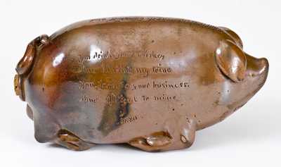 Rare Anna Pottery Stoneware Pig Flask with Incised Poem, 1880