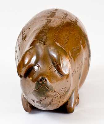 Rare Anna Pottery Stoneware Pig Flask with Incised Poem, 1880