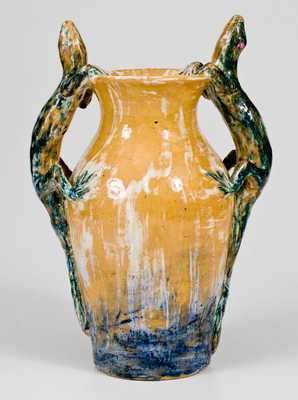 Polychrome-Glazed Art Pottery Vase w/ Lizard Handles, Signed and Dated 