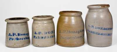 Four Cobalt-Decorated A.P. Donaghho, / Parkersburg, WV Stoneware Canning Jars