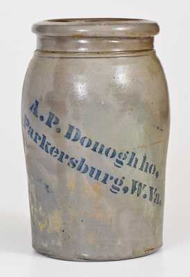 Rare Half-Gallon Misspelled Donaghho Jar, "A.P. Donoghho, / Parkersburg, W.Va."