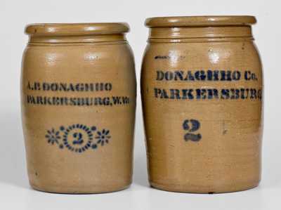 Two Two-Gallon A.P. Donaghho Stoneware Jars, Parkersburg, WV origin