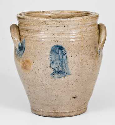 Very Rare Stoneware Jar w/ Woman's Profile, New Jersey of Troy, NY origin