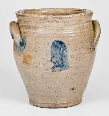 Very Rare Stoneware Jar w/ Woman s Profile, New Jersey of Troy, NY origin