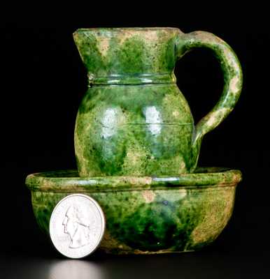 Exceptional Miniature Multi-Glazed Redware Pitcher and Bowl Set, Strasburg, VA, c1890