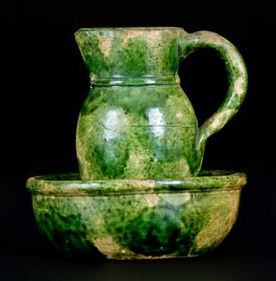 Exceptional Miniature Multi-Glazed Redware Pitcher and Bowl Set, Strasburg, VA, c1890