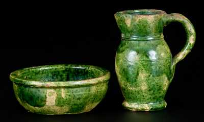 Exceptional Miniature Multi-Glazed Redware Pitcher and Bowl Set, Strasburg, VA, c1890